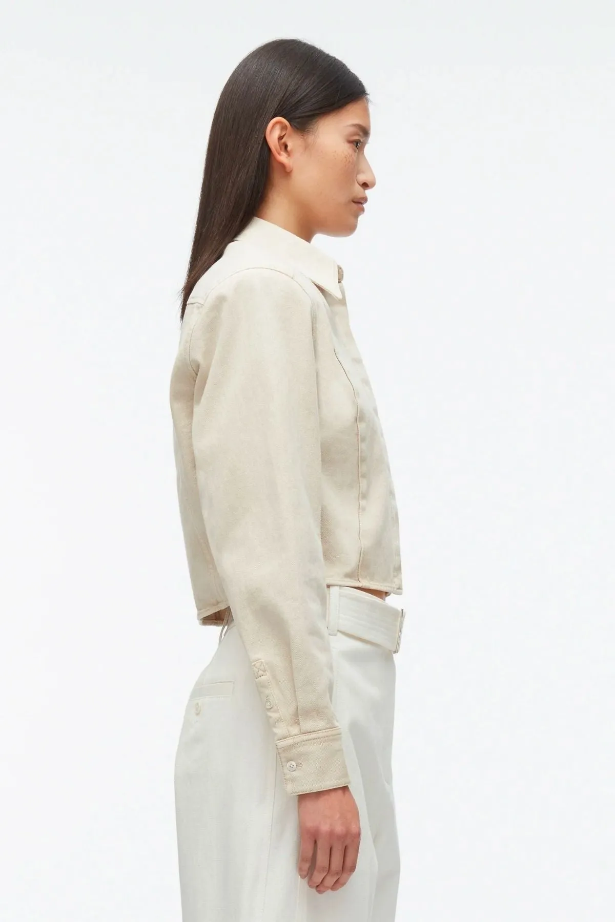 3.1 Phillip Lim Denim Cropped Shirt with Shoulder Pads - Ecru