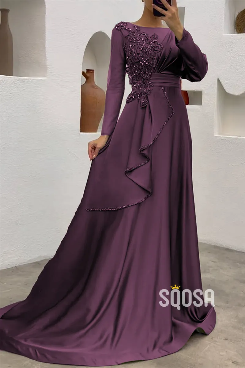 A-Line Applique Pleats Mother of the Bride Dress Elegant Evening Gown QM3255