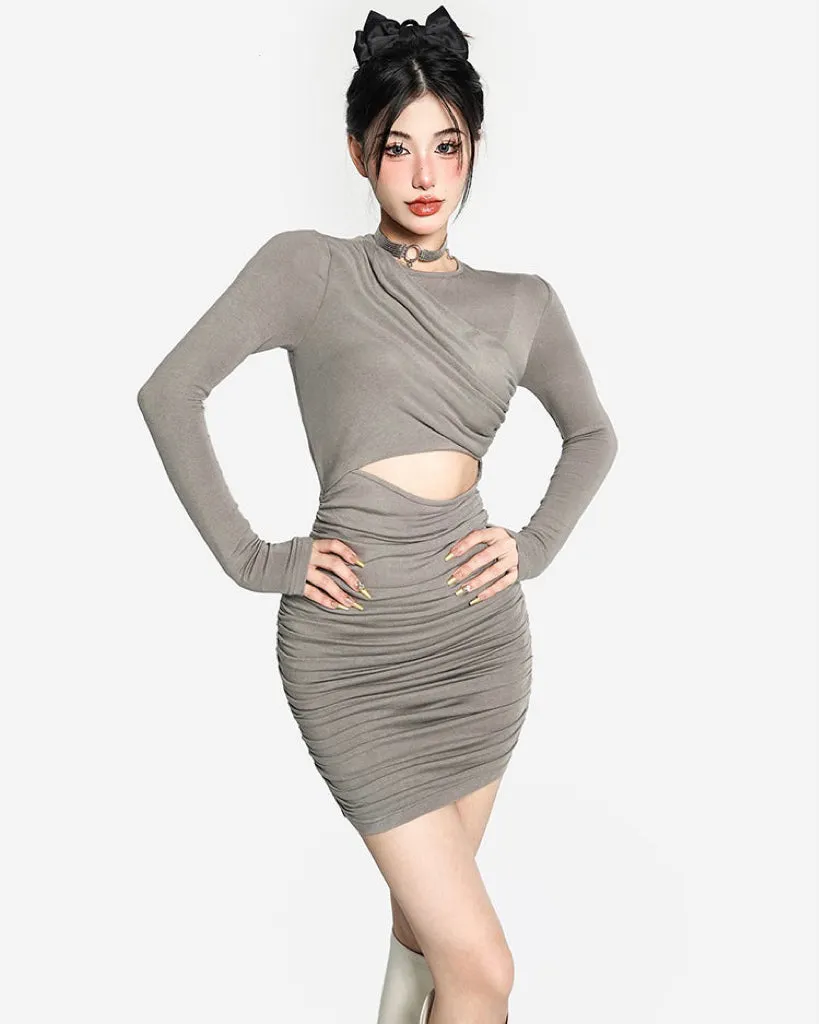 Akira Solid Color Grey Cut Out Long Sleeve Slim Ruched Mini Dress