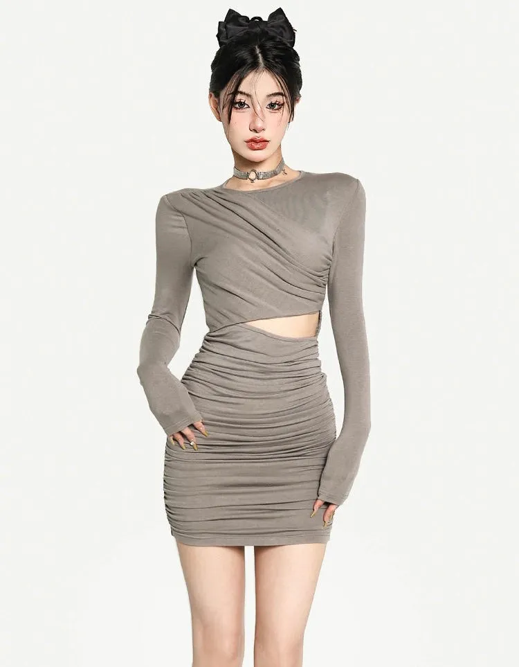 Akira Solid Color Grey Cut Out Long Sleeve Slim Ruched Mini Dress