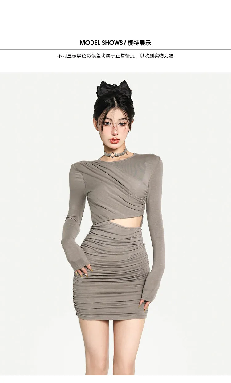 Akira Solid Color Grey Cut Out Long Sleeve Slim Ruched Mini Dress