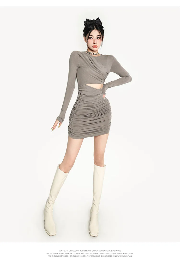 Akira Solid Color Grey Cut Out Long Sleeve Slim Ruched Mini Dress