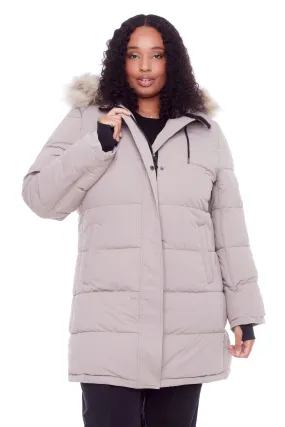 AULAVIK PLUS | WOMEN'S VEGAN DOWN (RECYCLED) MID-LENGTH HOODED PARKA COAT, LIGHT TAUPE (PLUS SIZE)