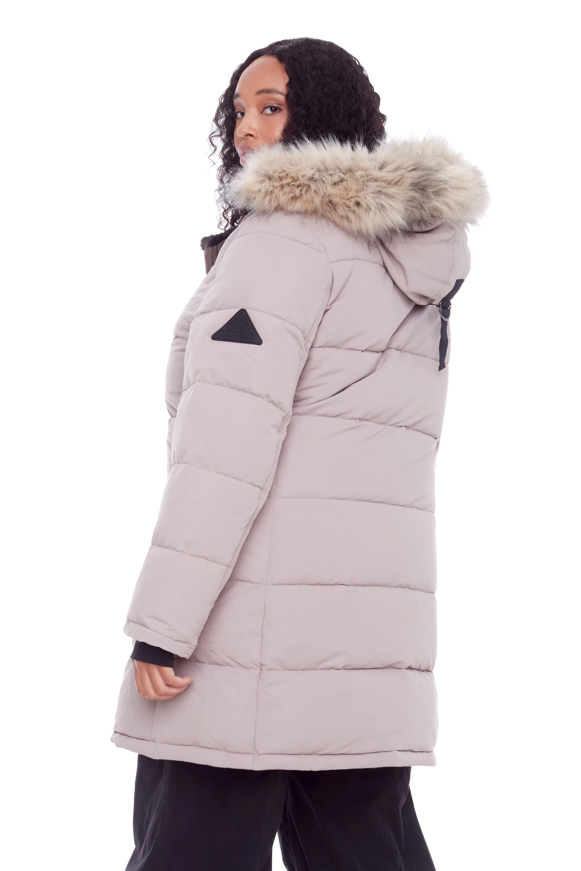 AULAVIK PLUS | WOMEN'S VEGAN DOWN (RECYCLED) MID-LENGTH HOODED PARKA COAT, LIGHT TAUPE (PLUS SIZE)