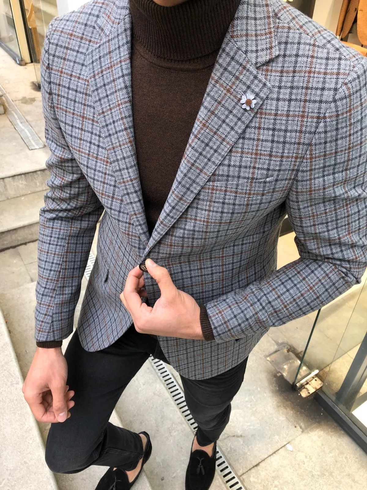 Bendi Slim-Fit Plaid Wool Jacket Gray