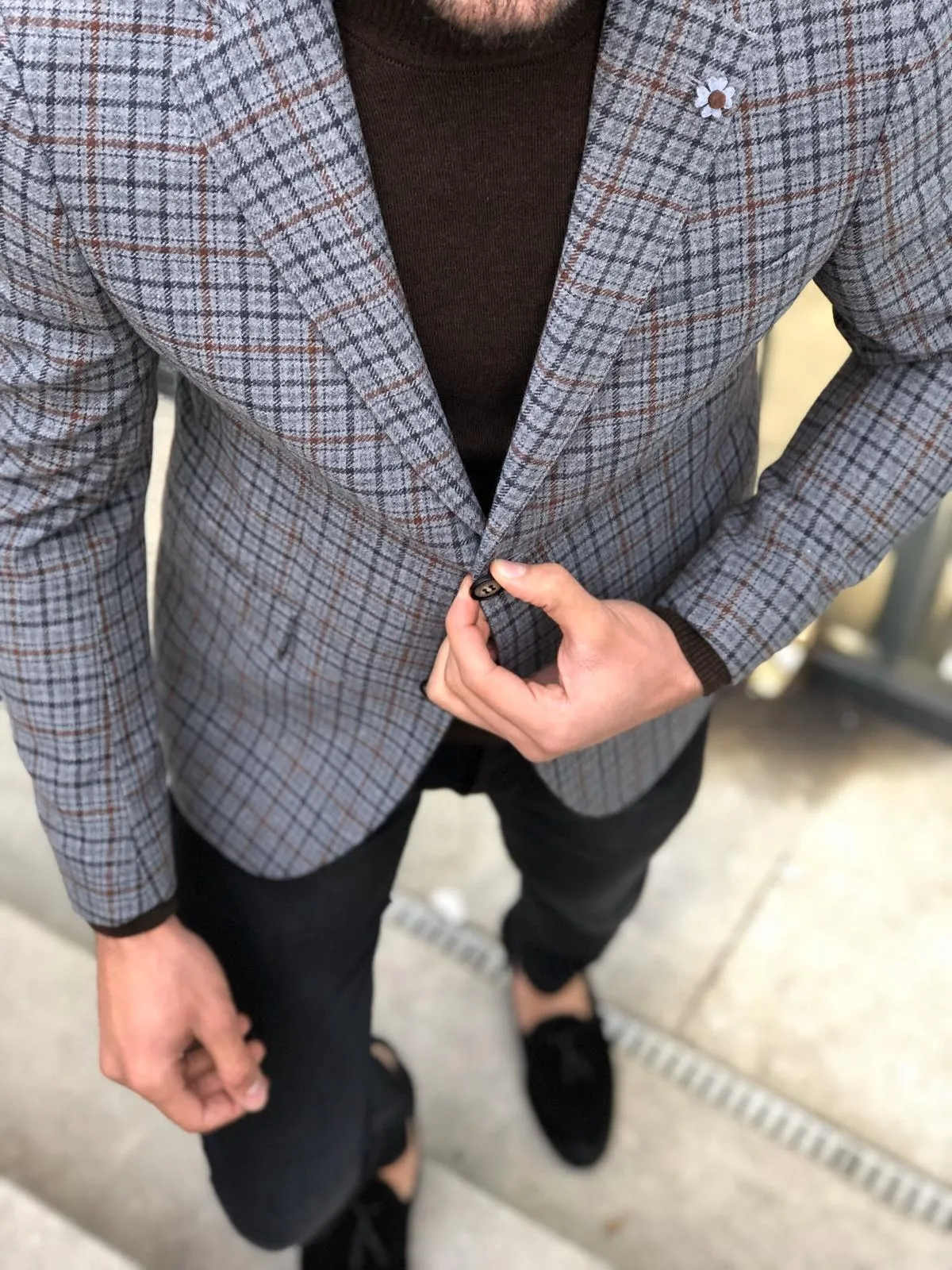 Bendi Slim-Fit Plaid Wool Jacket Gray