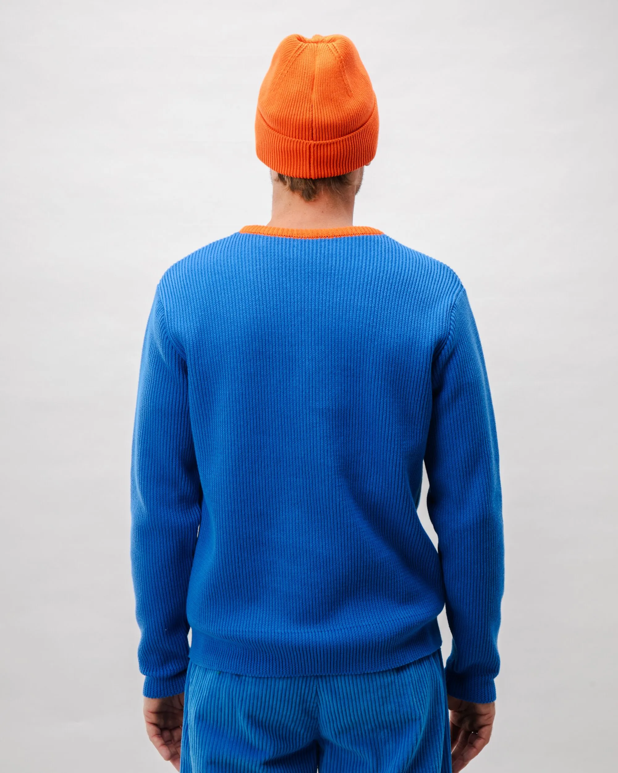 Bicolor Neck Cotton Sweater Blue