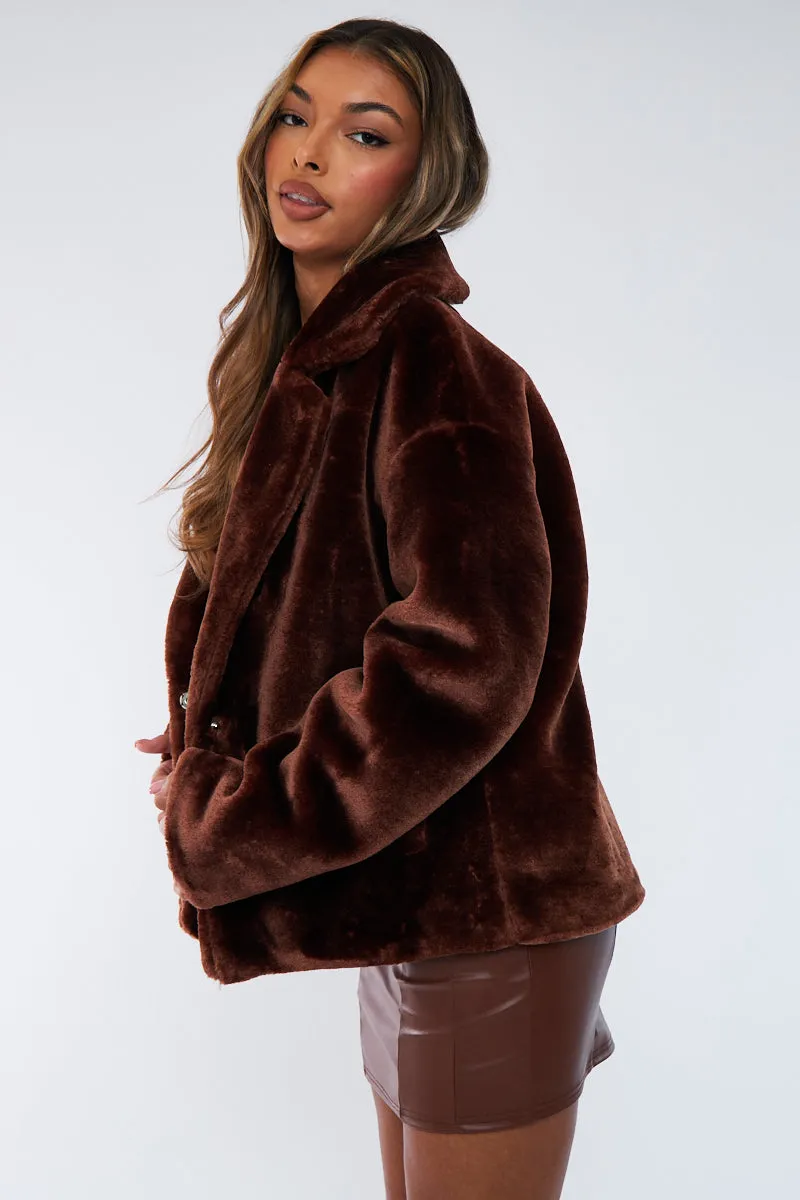 Brown Cropped Faux Fur Coat - Janara