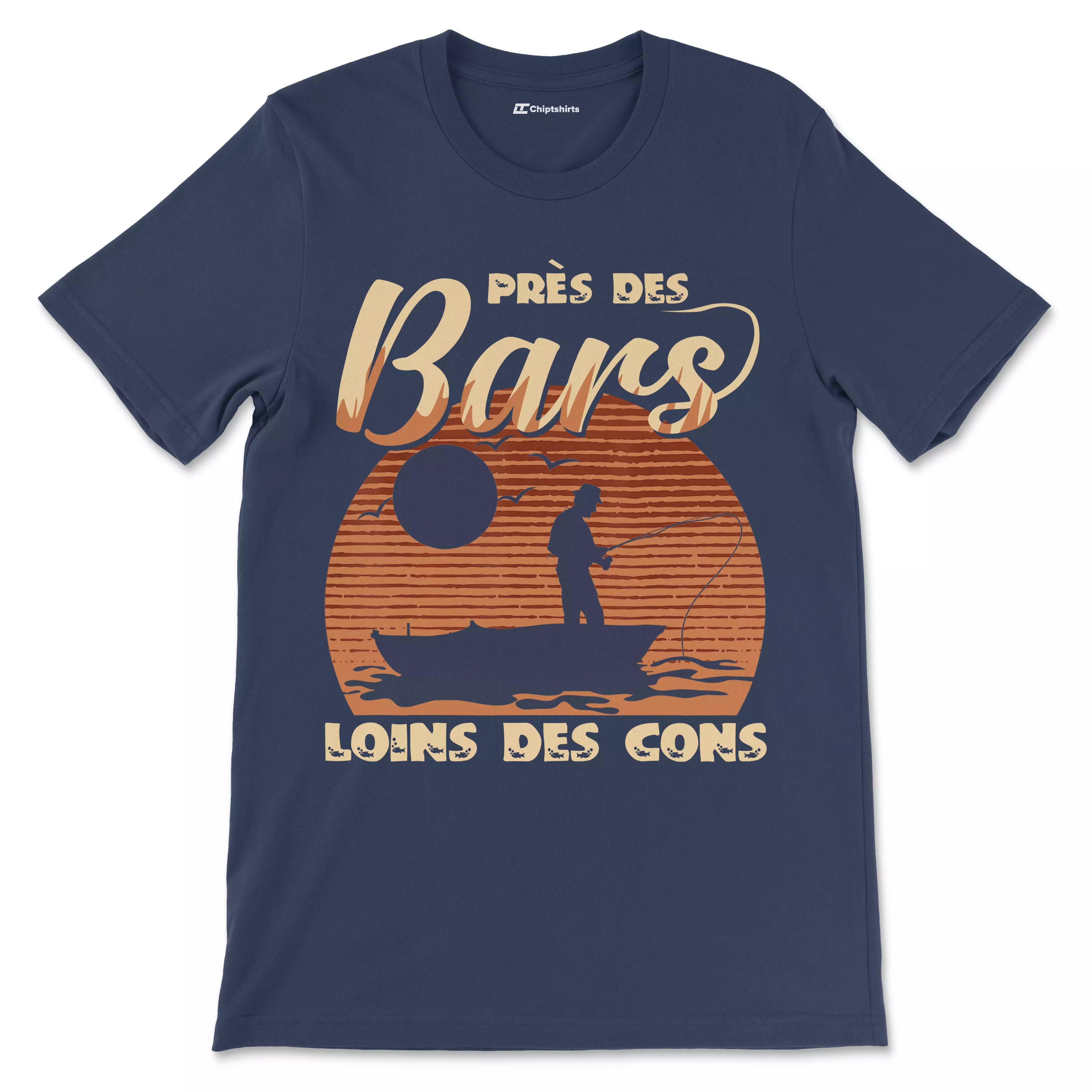 Cadeau Humour Pêcheur Homme, Pêche du Bar, T-shirt Pêcheur Drle, Près des Bars Loins des Cons