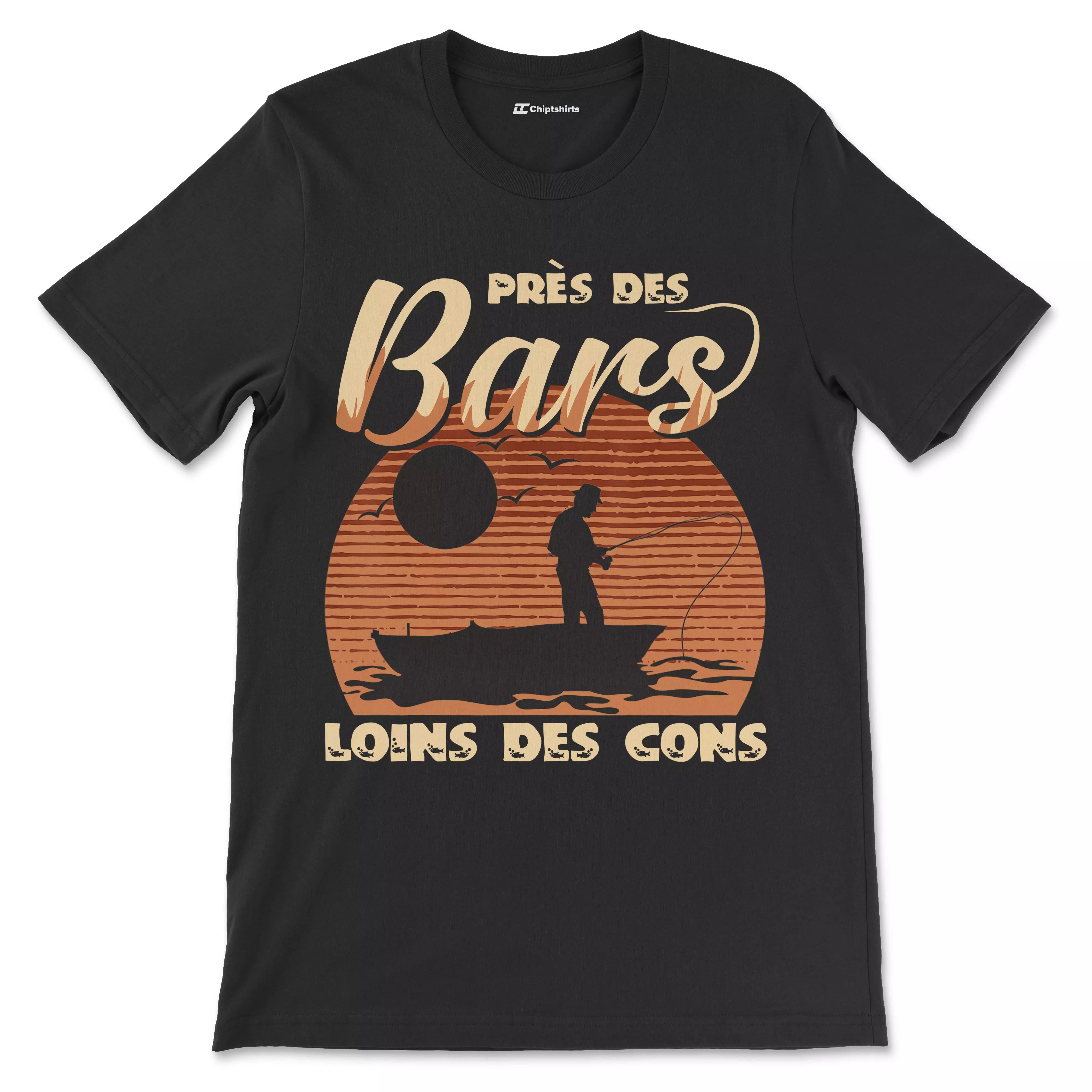 Cadeau Humour Pêcheur Homme, Pêche du Bar, T-shirt Pêcheur Drle, Près des Bars Loins des Cons