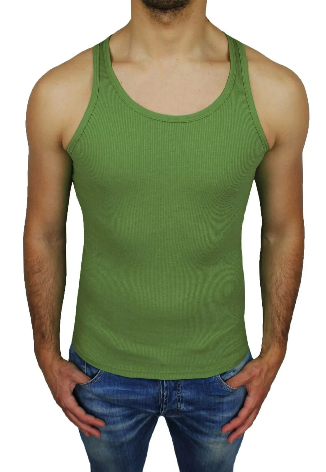 CANOTTA UOMO SLIM FIT SUPER ADERENTE VERDE MILITARE T-SHIRT CANOTTIERA PALESTRA