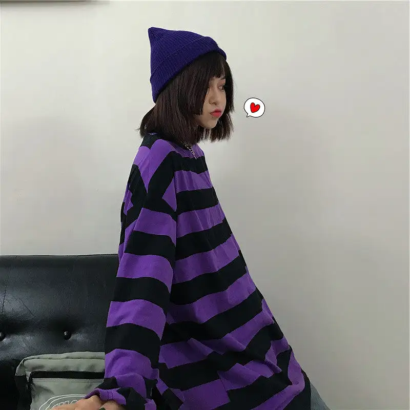 CHIC PURPLE STRIPE LONG-SLEEVE T-SHIRT BY22473