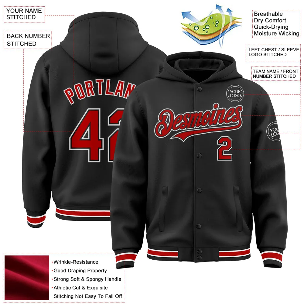 Custom Black Red-White Bomber Full-Snap Varsity Letterman Hoodie Jacket