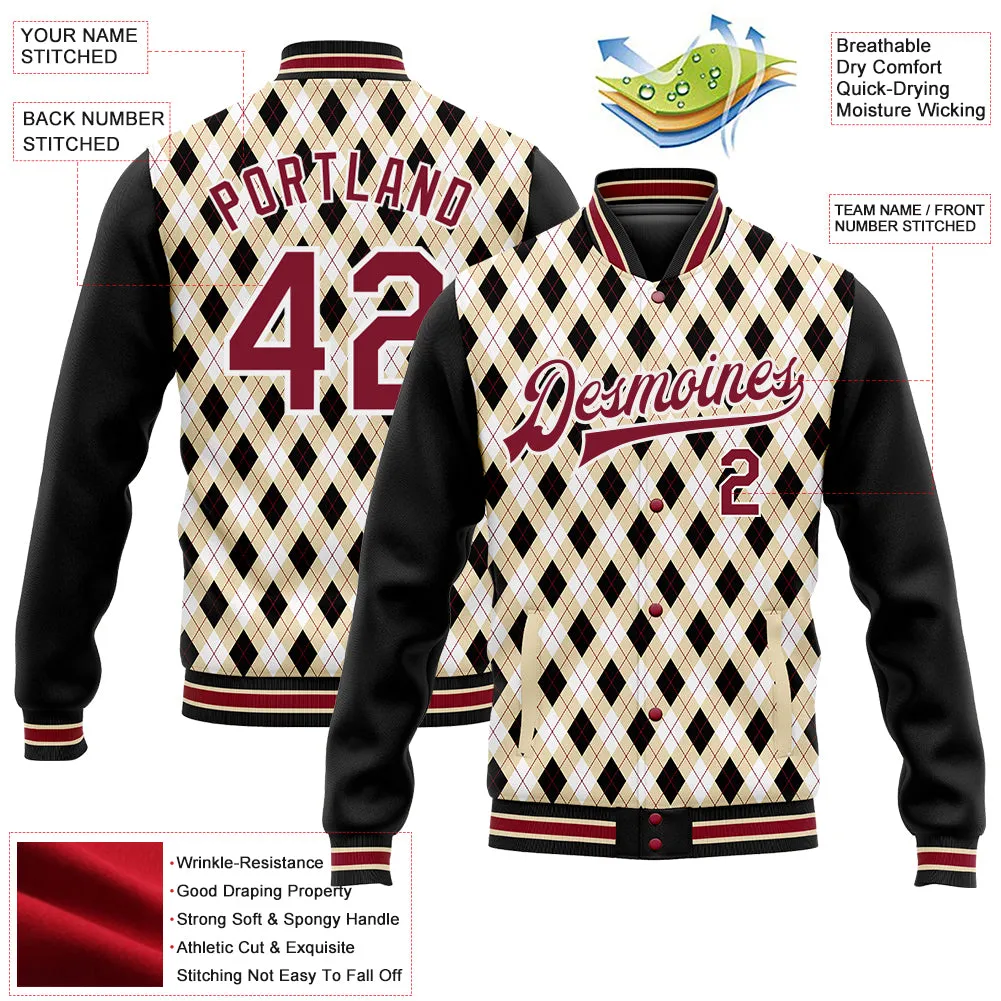 Custom City Cream Crimson-Black Check Board 3D Pattern Design Bomber Full-Snap Varsity Letterman Jacket