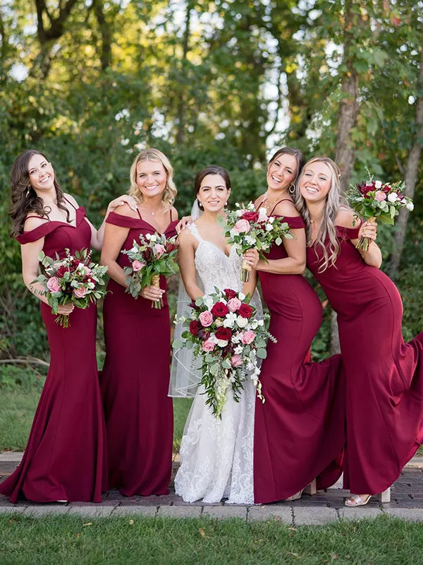 Elegant Spaghetti Straps Off Shoulder Mermaid Burgundy Bridesmaid Dresses Online, BG390