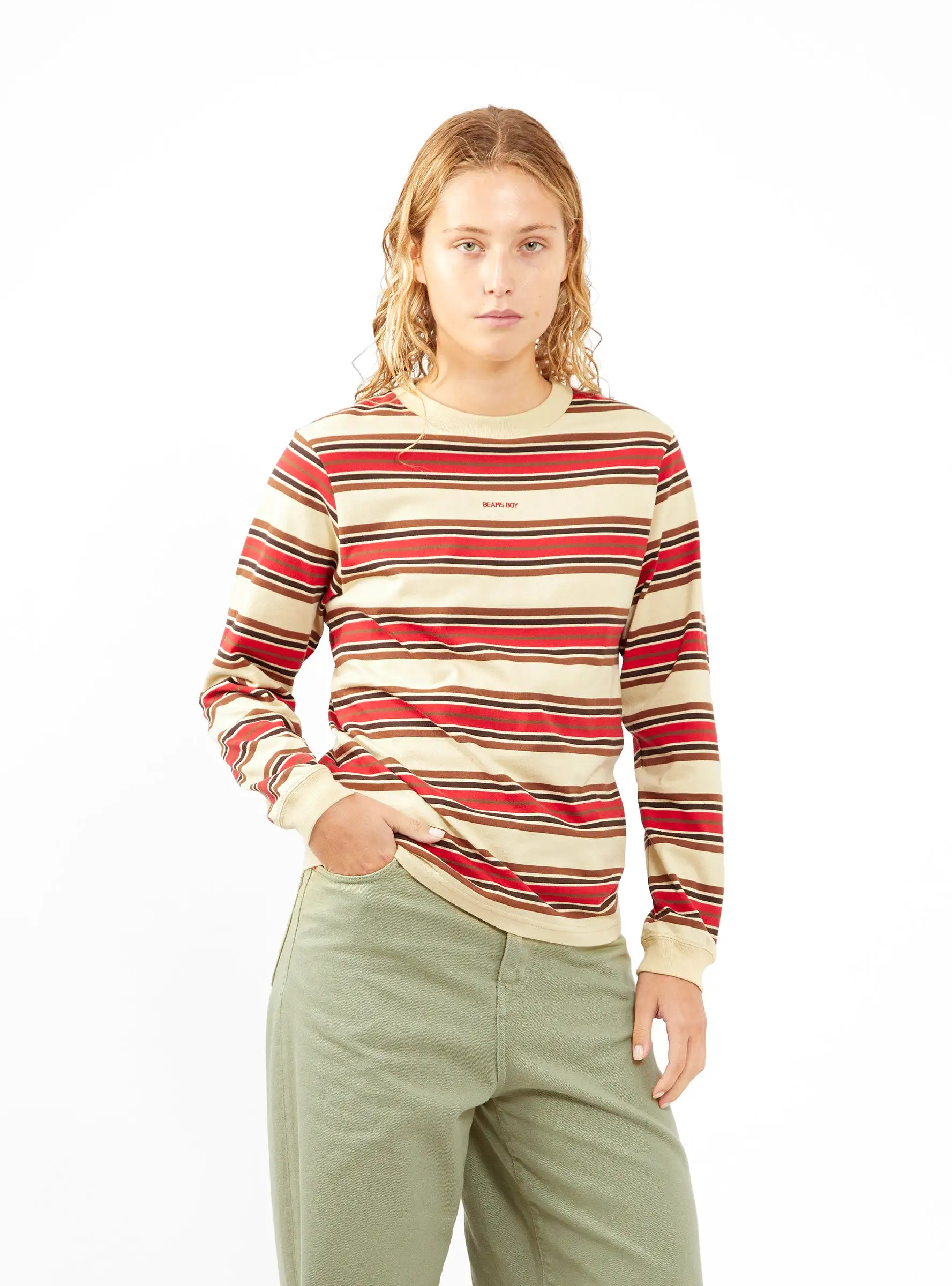 Embroidered T-shirt Beige & Red Stripe