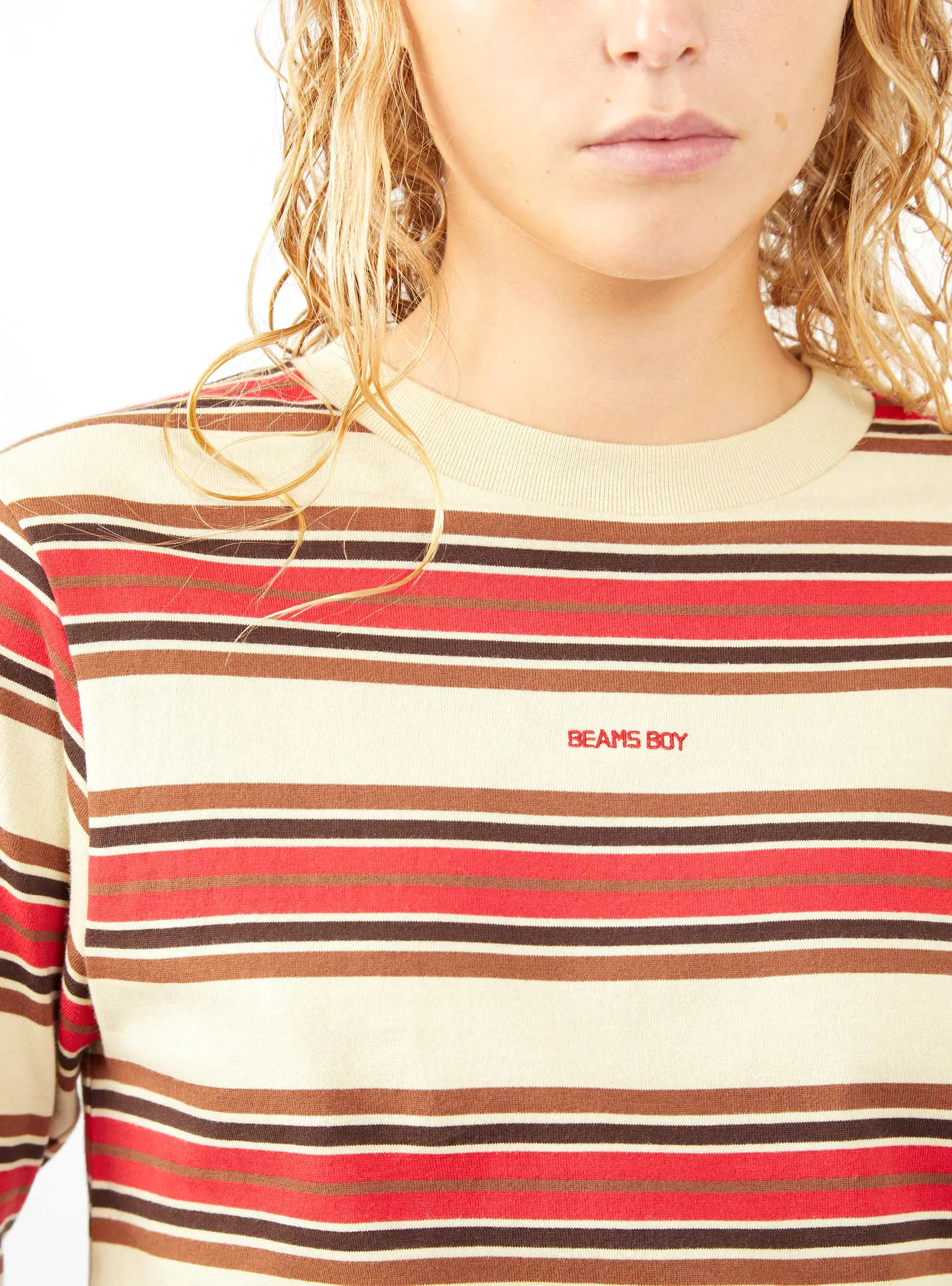 Embroidered T-shirt Beige & Red Stripe