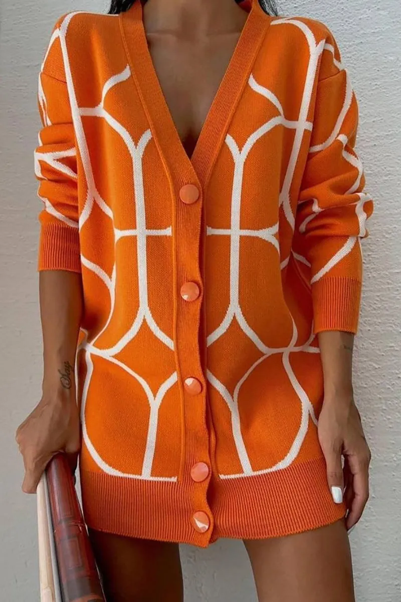 Enxin International Orange & White Geo Design Cardigan