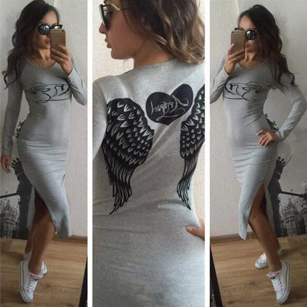 Feida Women Dresses Long Sleeve Casual Tunic Dress With Wings Cotton Slim Dress Vestidos Bandage Dress