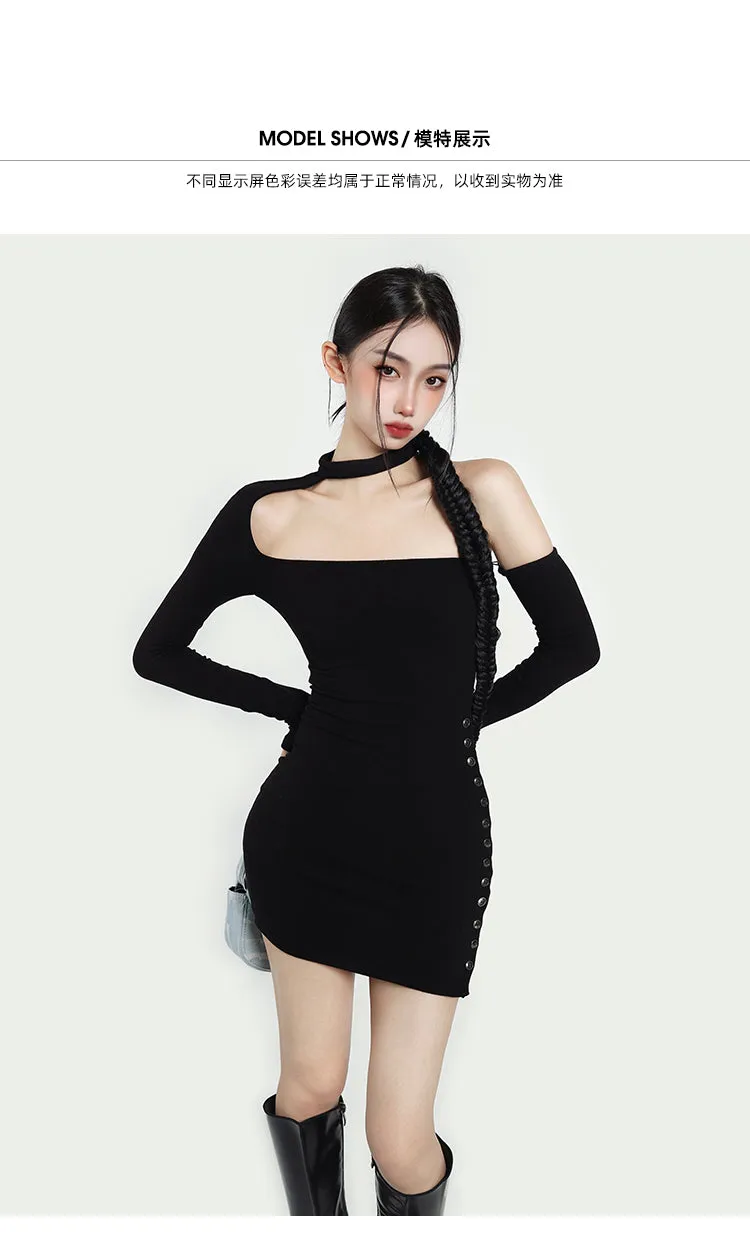 Fernanda Solid Color Black Halter Off The Shoulder Long Sleeve Slim Side Button Up Mini Dress