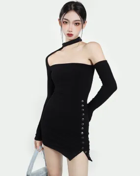 Fernanda Solid Color Black Halter Off The Shoulder Long Sleeve Slim Side Button Up Mini Dress