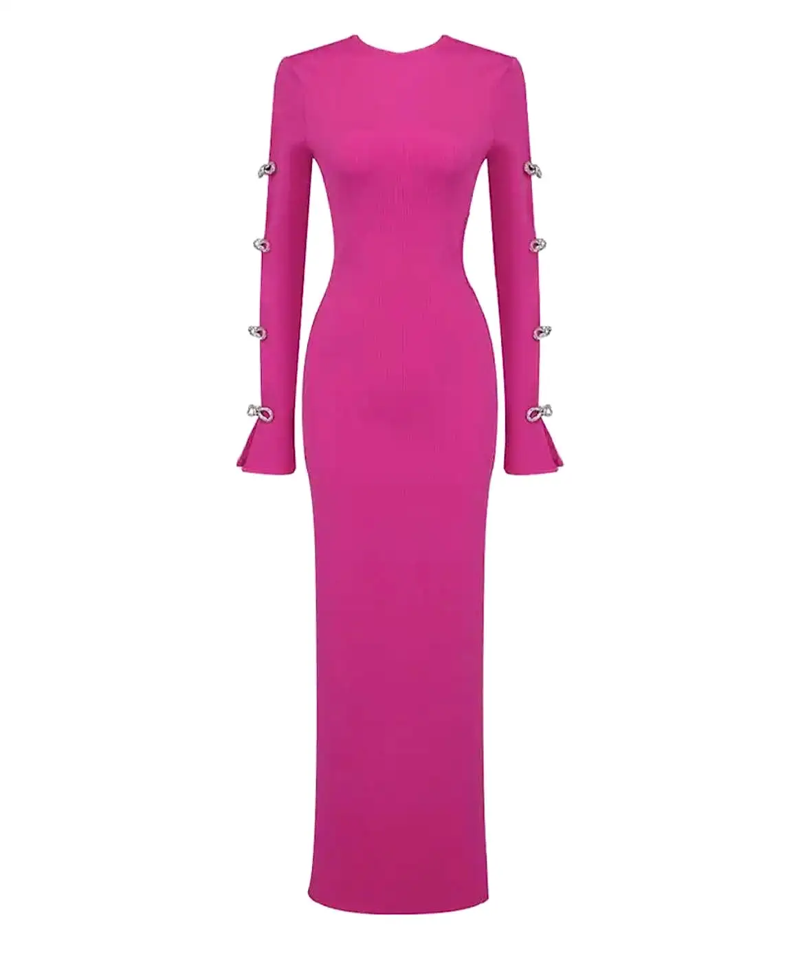 Hot Pink Slim Rhinestone Sleeve Long Dress