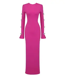 Hot Pink Slim Rhinestone Sleeve Long Dress