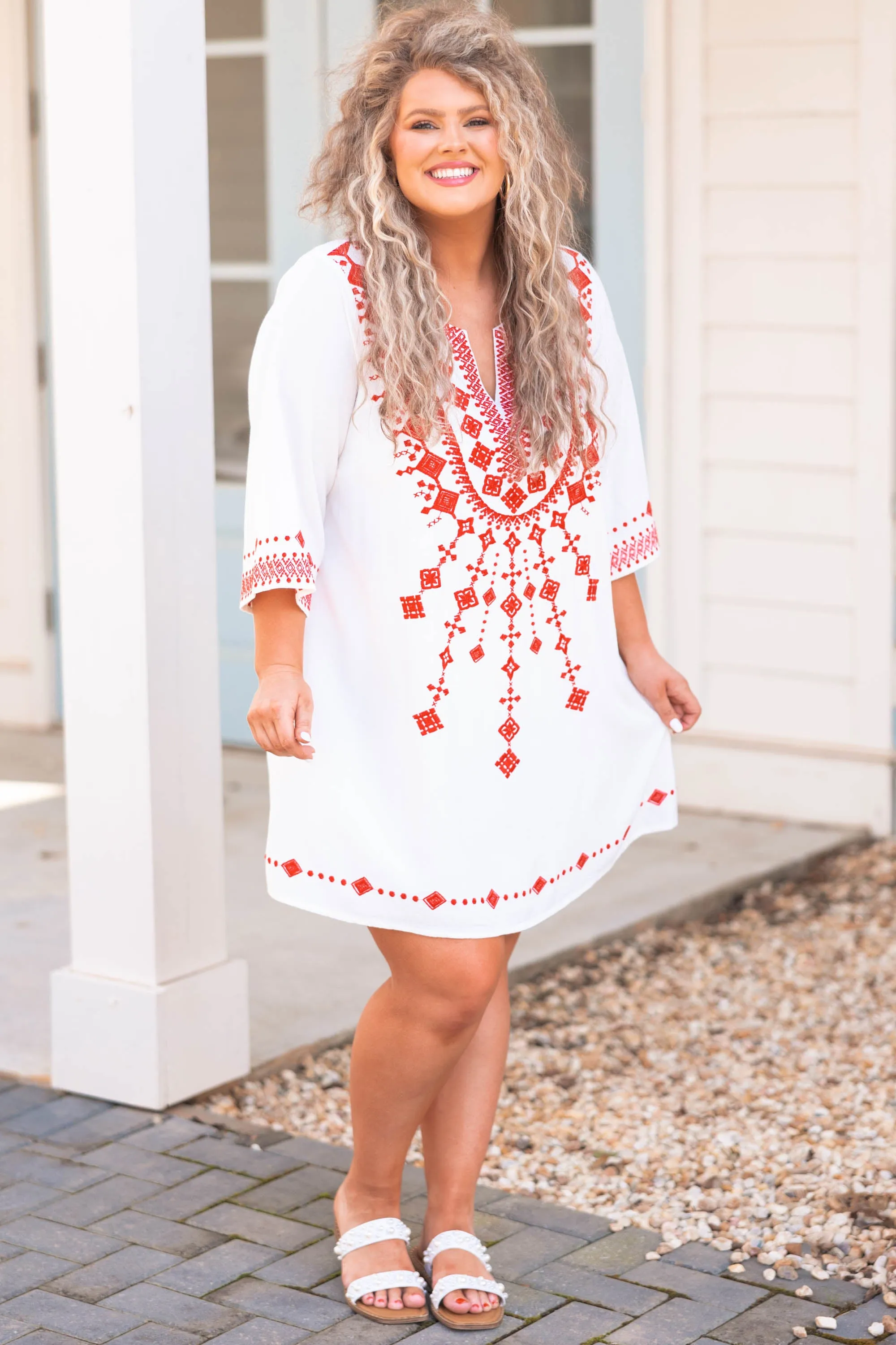 Living My Way Dress, Ivory-Tomato Red