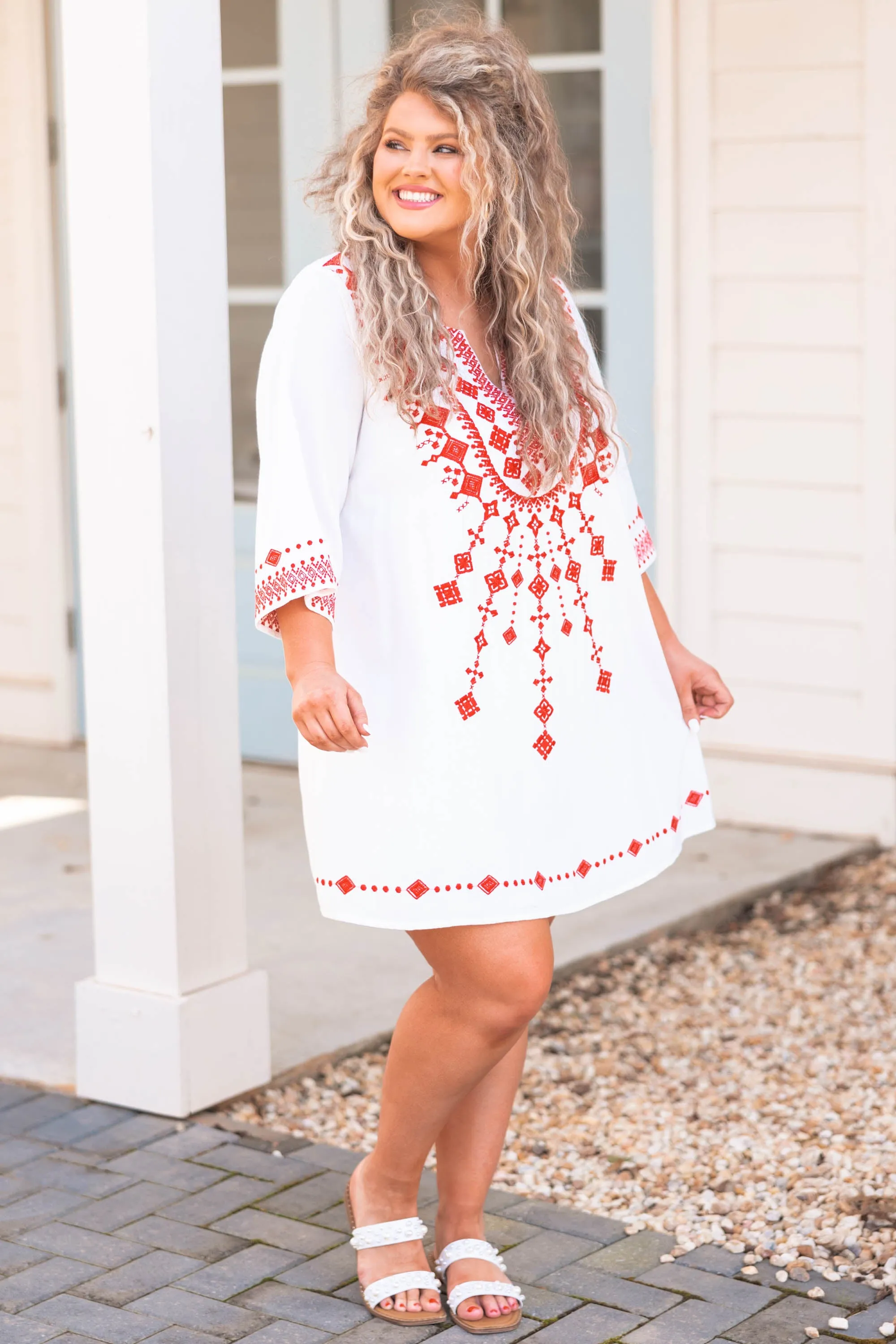 Living My Way Dress, Ivory-Tomato Red