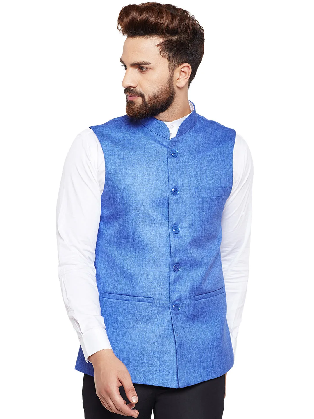 Men Blue Solid Slim Fit Formal Nehru Jacket