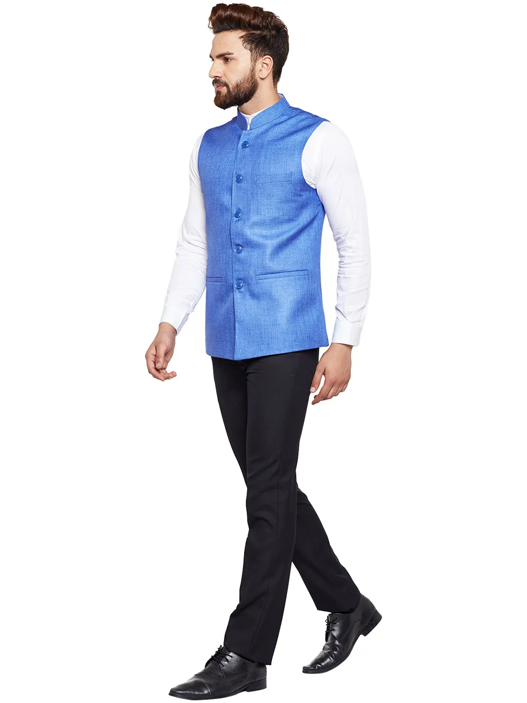 Men Blue Solid Slim Fit Formal Nehru Jacket