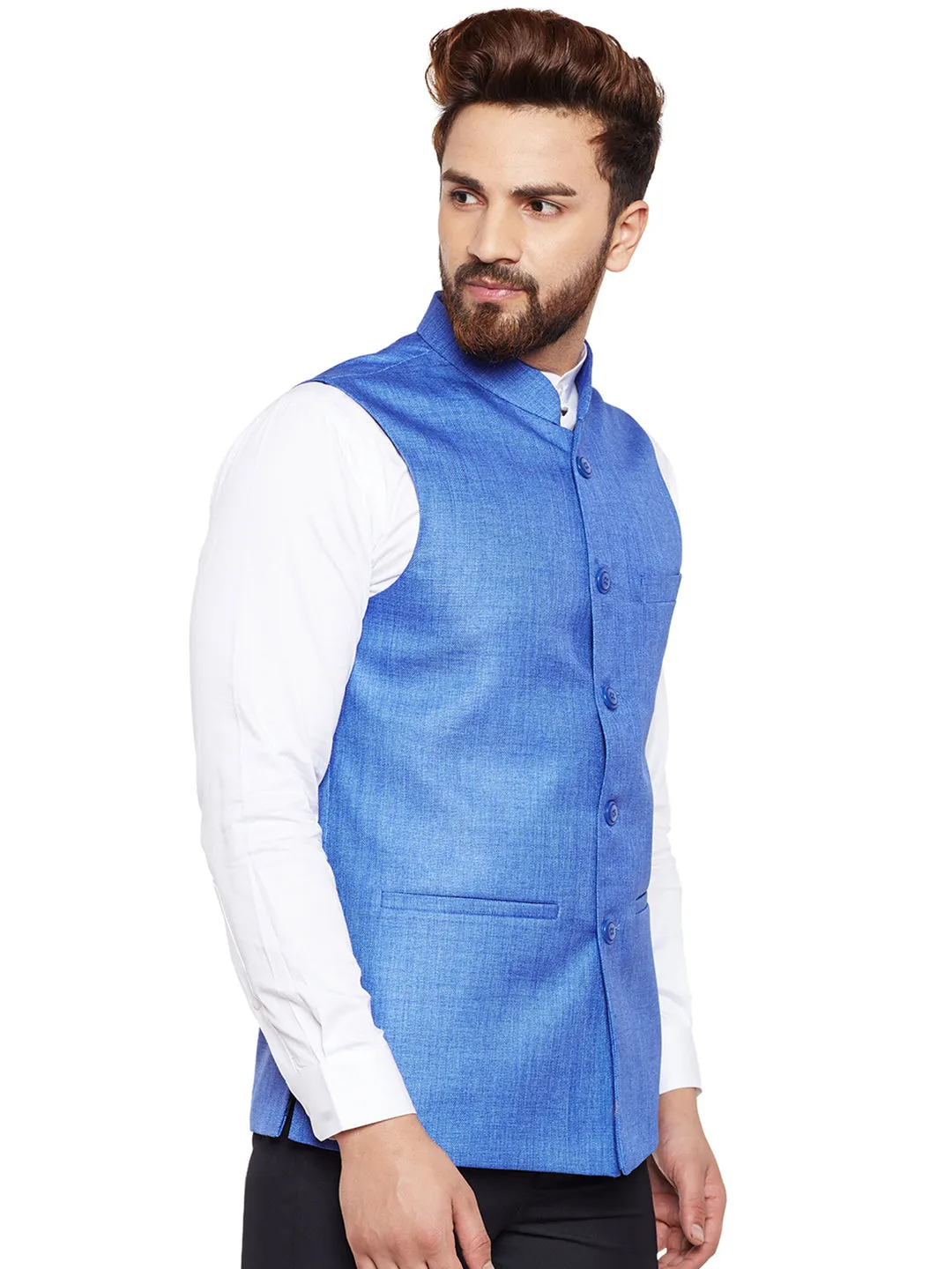 Men Blue Solid Slim Fit Formal Nehru Jacket