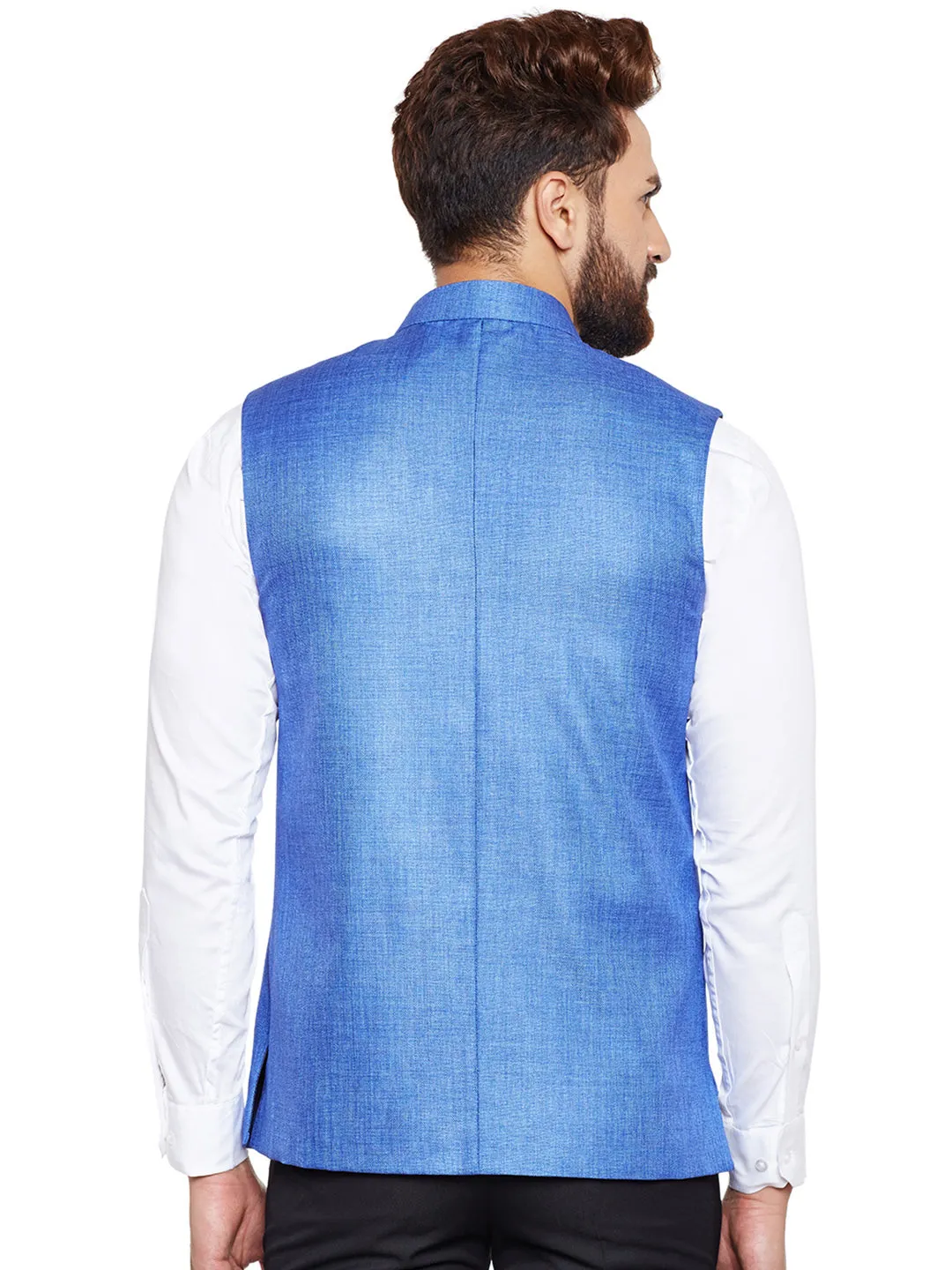 Men Blue Solid Slim Fit Formal Nehru Jacket