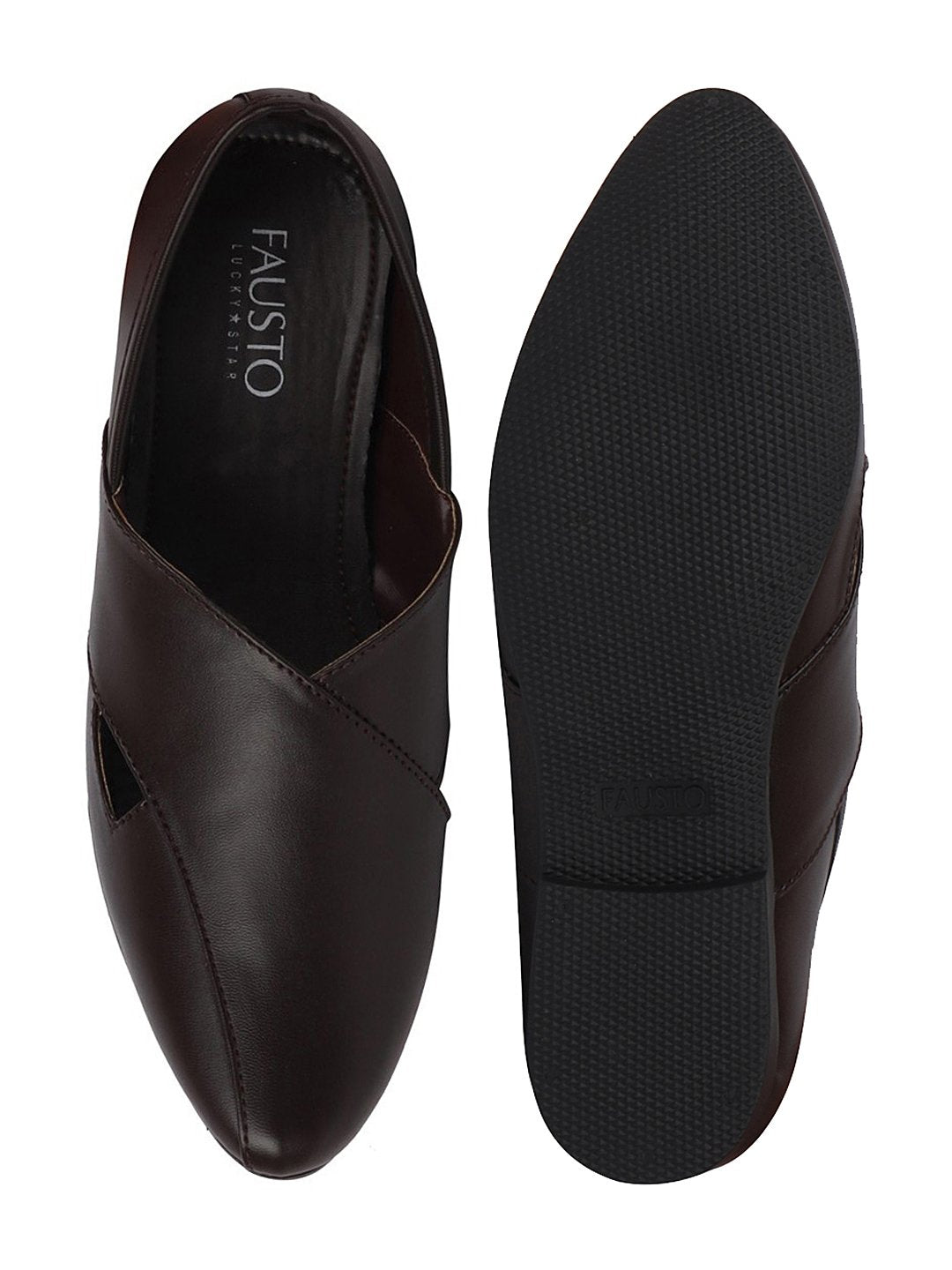 Men Ethnic Brown Criss Cross Slip On Juttis and Mojaris