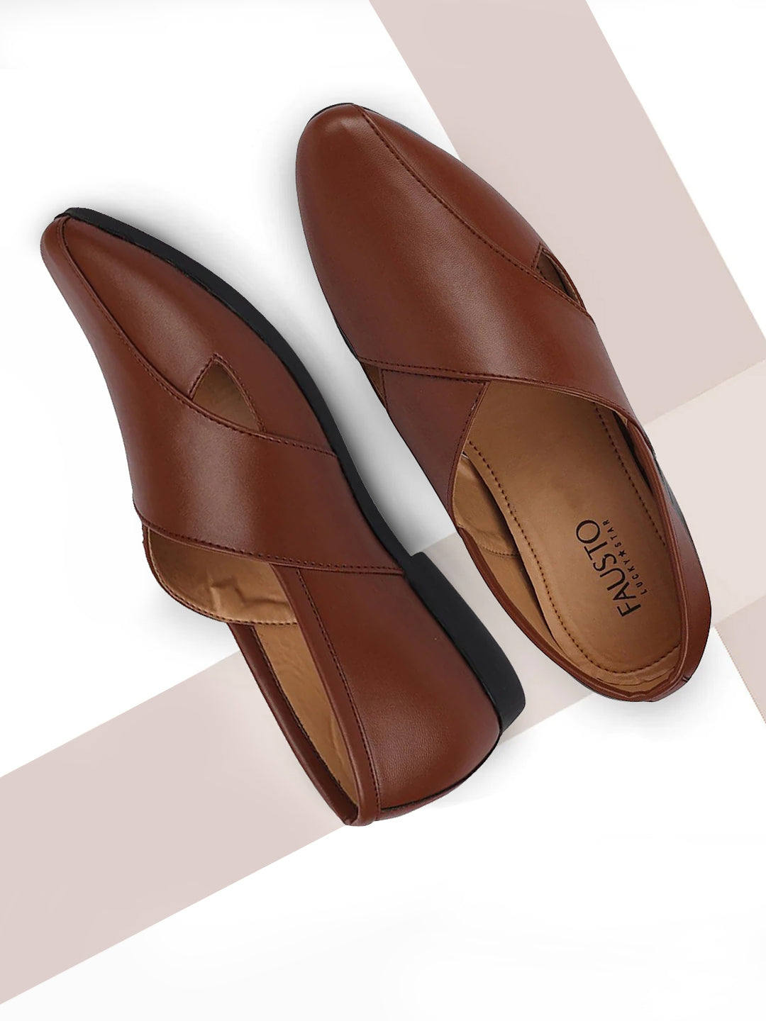 Men Ethnic Tan Criss Cross Slip On Juttis and Mojaris