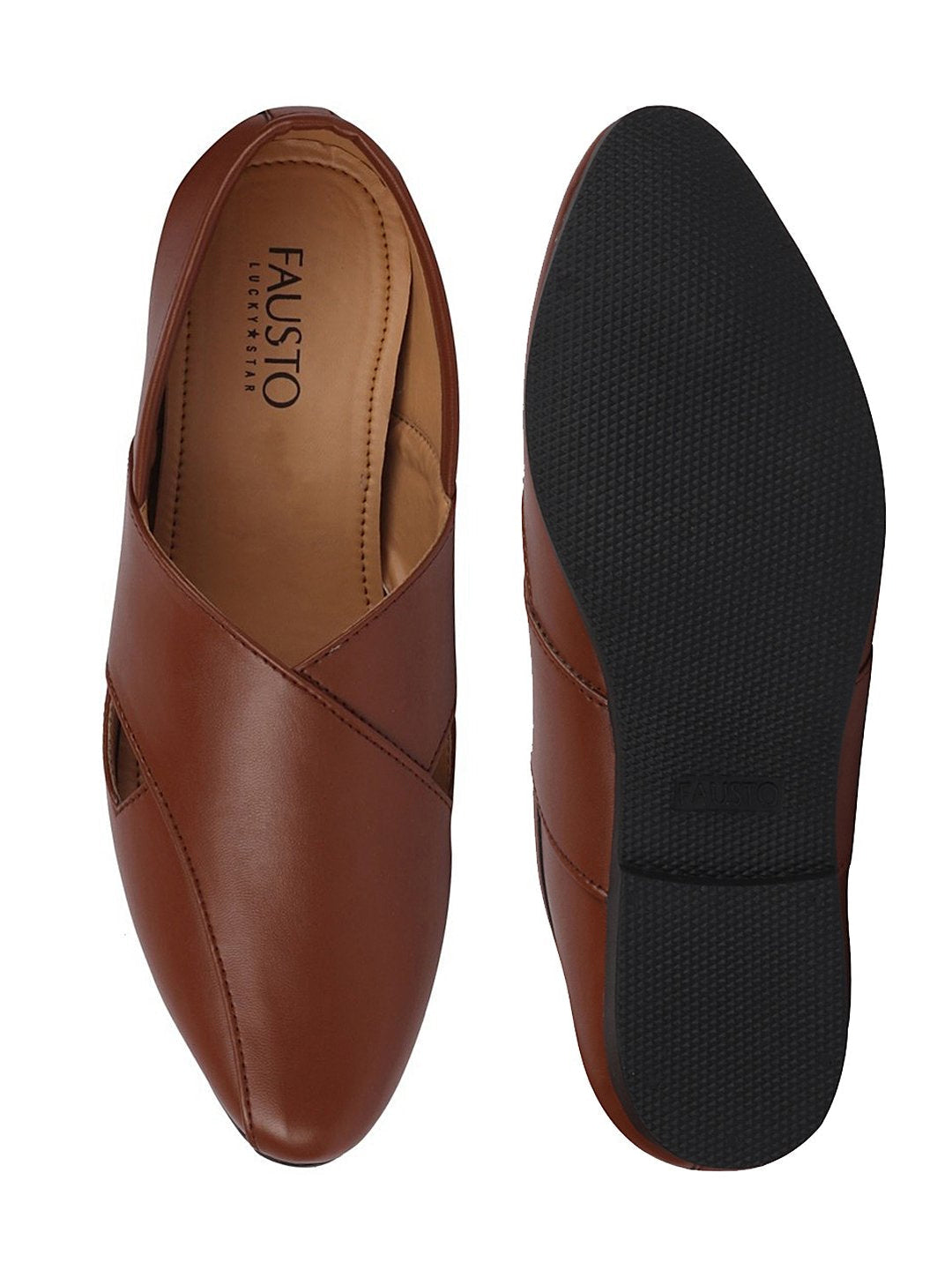 Men Ethnic Tan Criss Cross Slip On Juttis and Mojaris