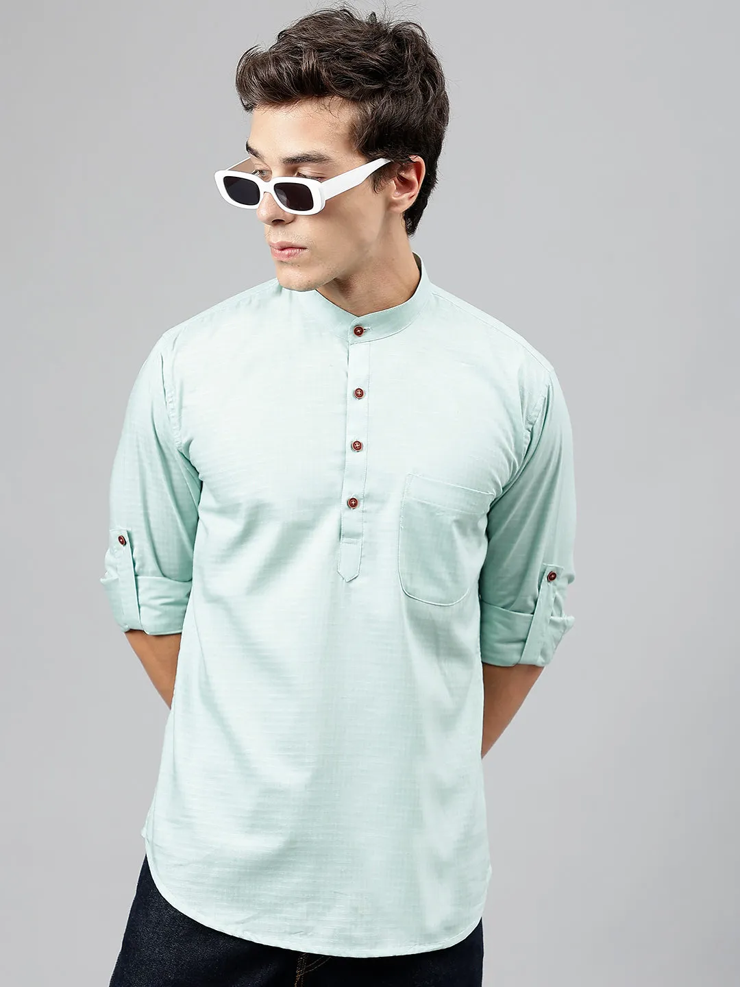 Men Light Green Self Design Pure Cotton Roll Up Sleeve Slim Fit Casual Kurta