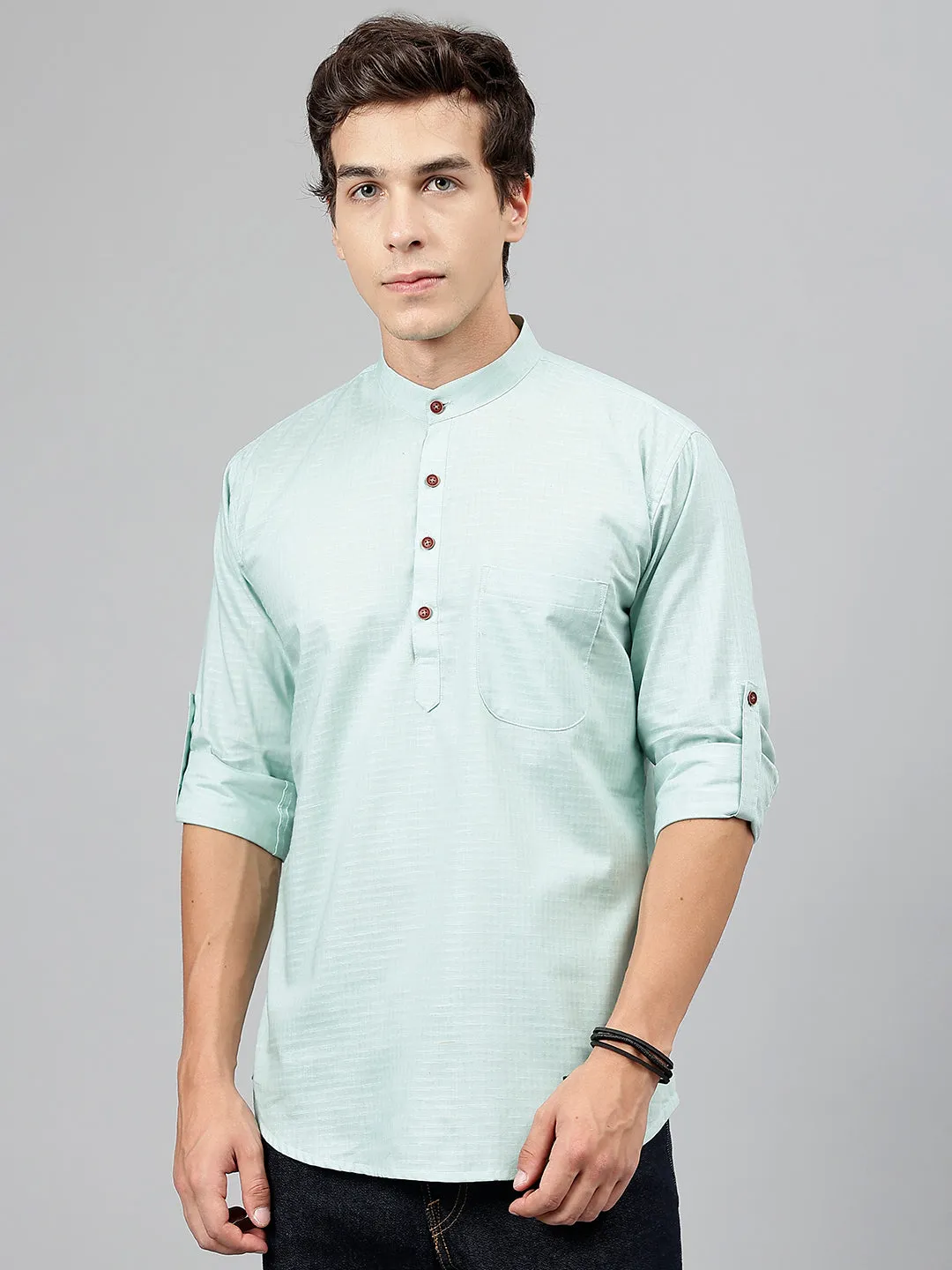 Men Light Green Self Design Pure Cotton Roll Up Sleeve Slim Fit Casual Kurta