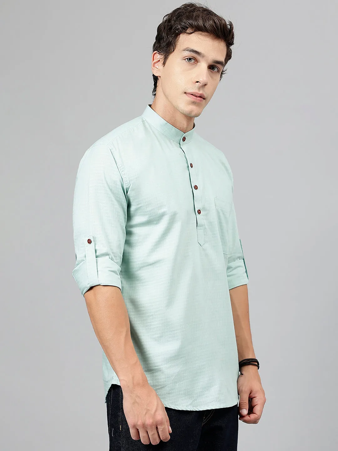 Men Light Green Self Design Pure Cotton Roll Up Sleeve Slim Fit Casual Kurta