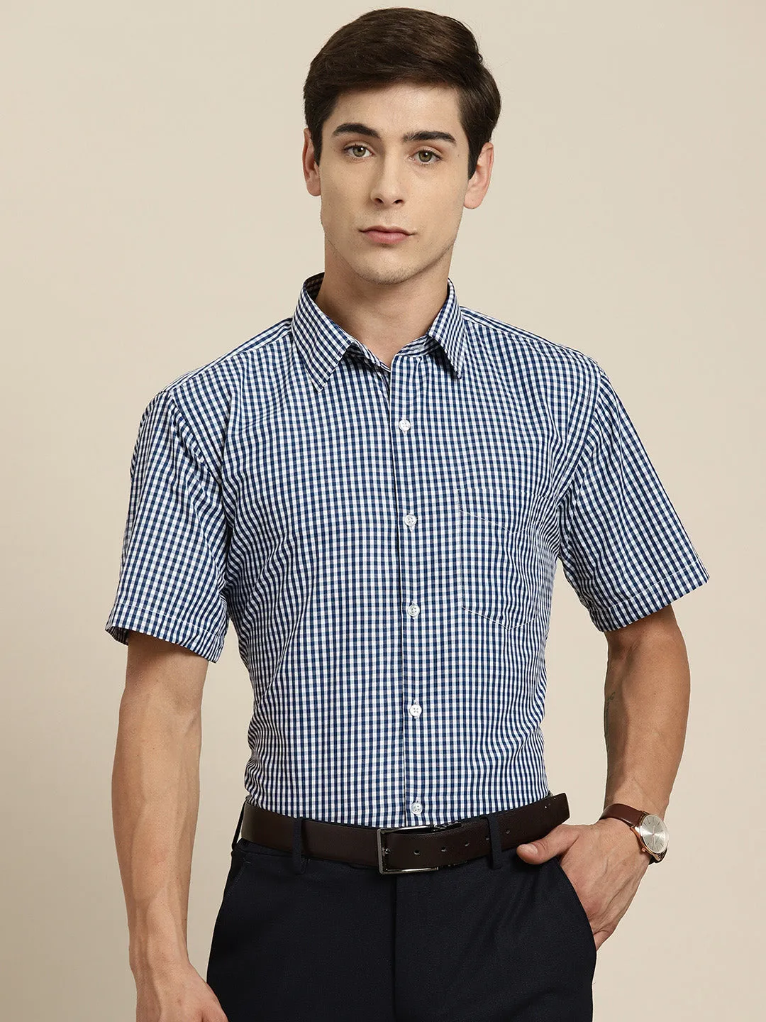 Men Navy & White Gingham Check Short Sleeve Slim fit Formal Shirt