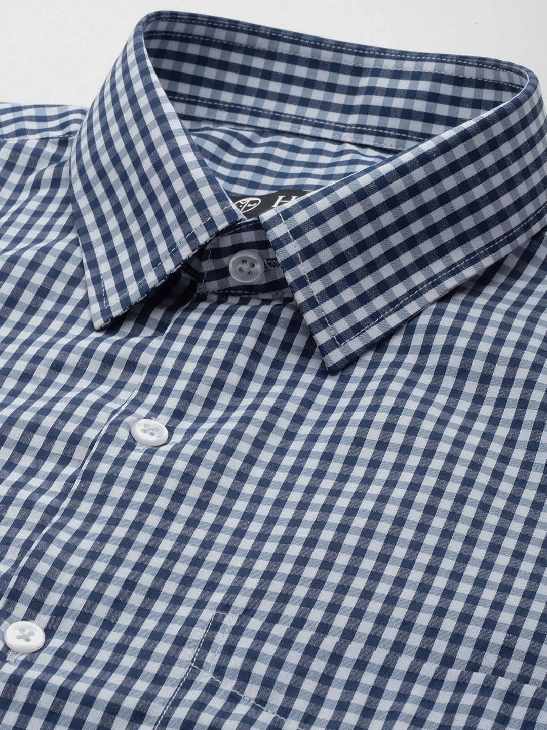 Men Navy & White Gingham Check Short Sleeve Slim fit Formal Shirt