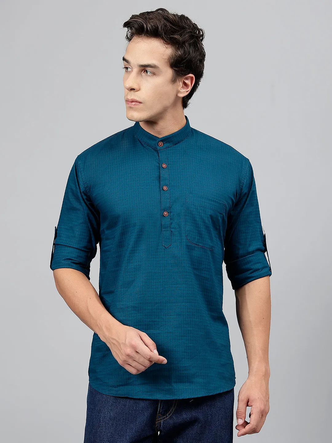 Men Turquoise Self Design Pure Cotton Roll Up Sleeve Slim Fit Casual Kurta