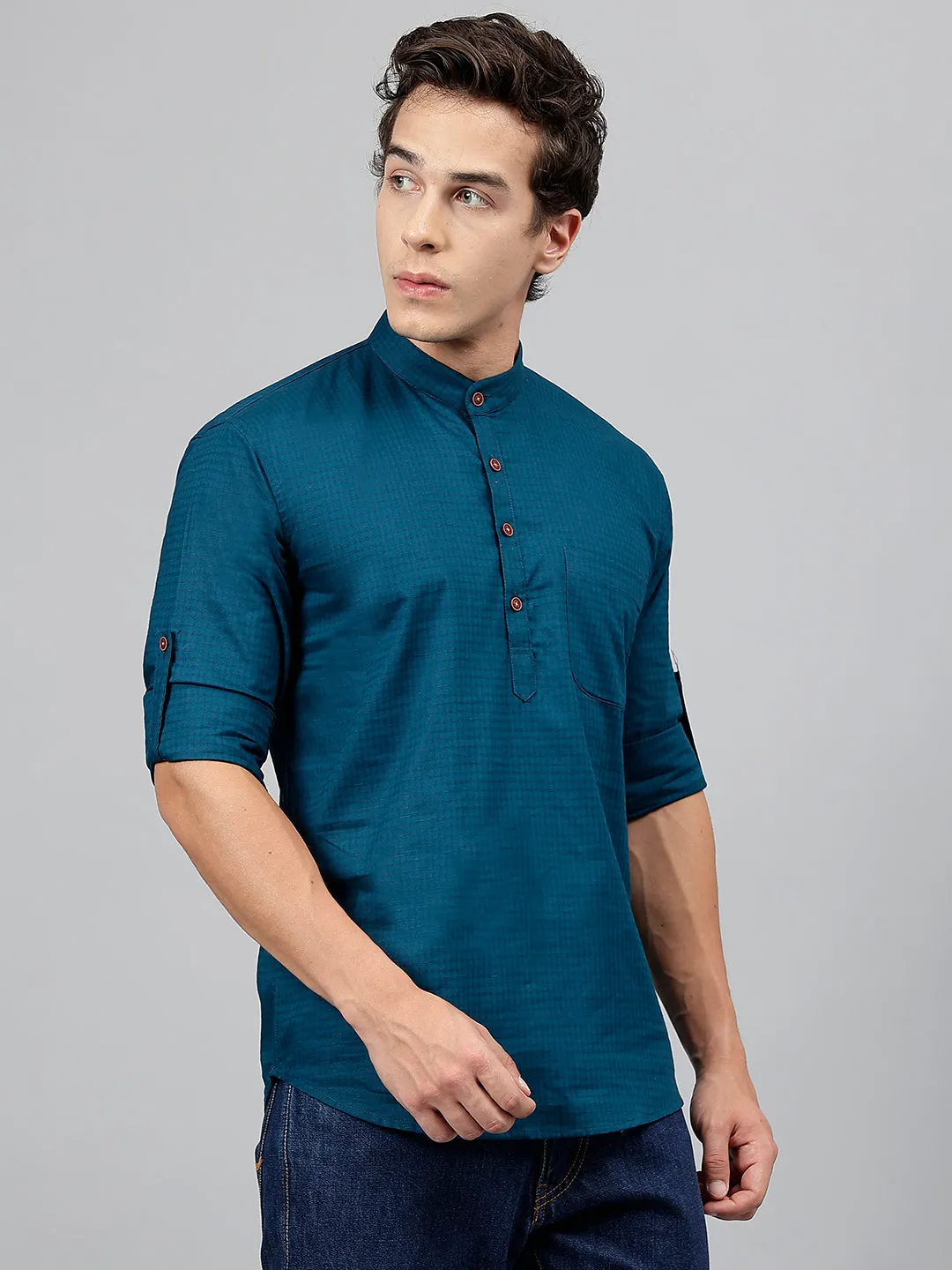 Men Turquoise Self Design Pure Cotton Roll Up Sleeve Slim Fit Casual Kurta