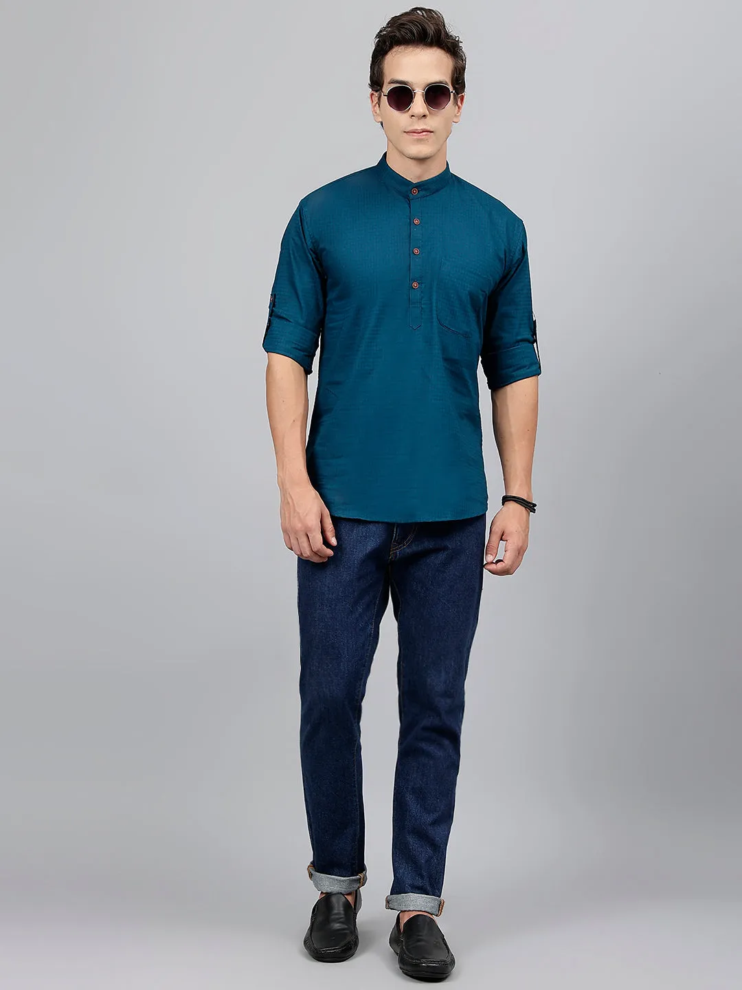 Men Turquoise Self Design Pure Cotton Roll Up Sleeve Slim Fit Casual Kurta