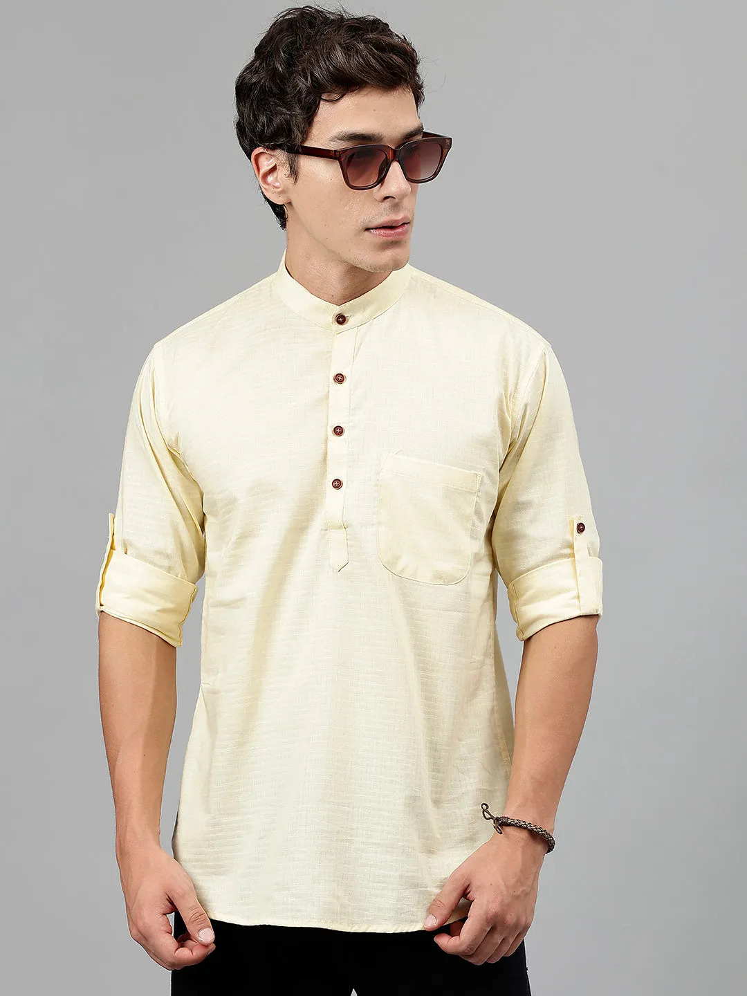 Men Yellow Self Design Pure Cotton Roll Up Sleeve Slim Fit Casual Kurta