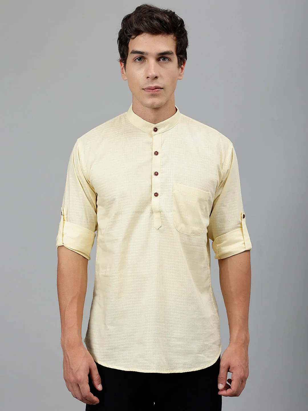 Men Yellow Self Design Pure Cotton Roll Up Sleeve Slim Fit Casual Kurta