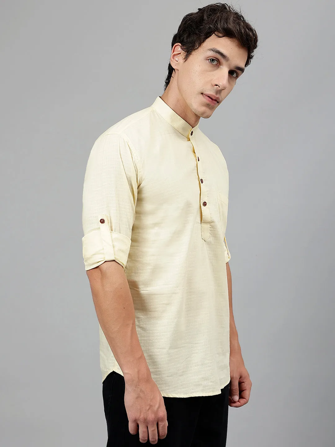 Men Yellow Self Design Pure Cotton Roll Up Sleeve Slim Fit Casual Kurta