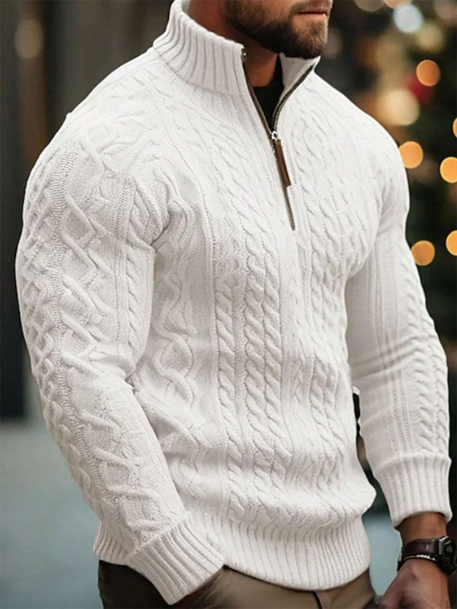 Men's Casual Solid Color Zipper Stand Collar Sweater