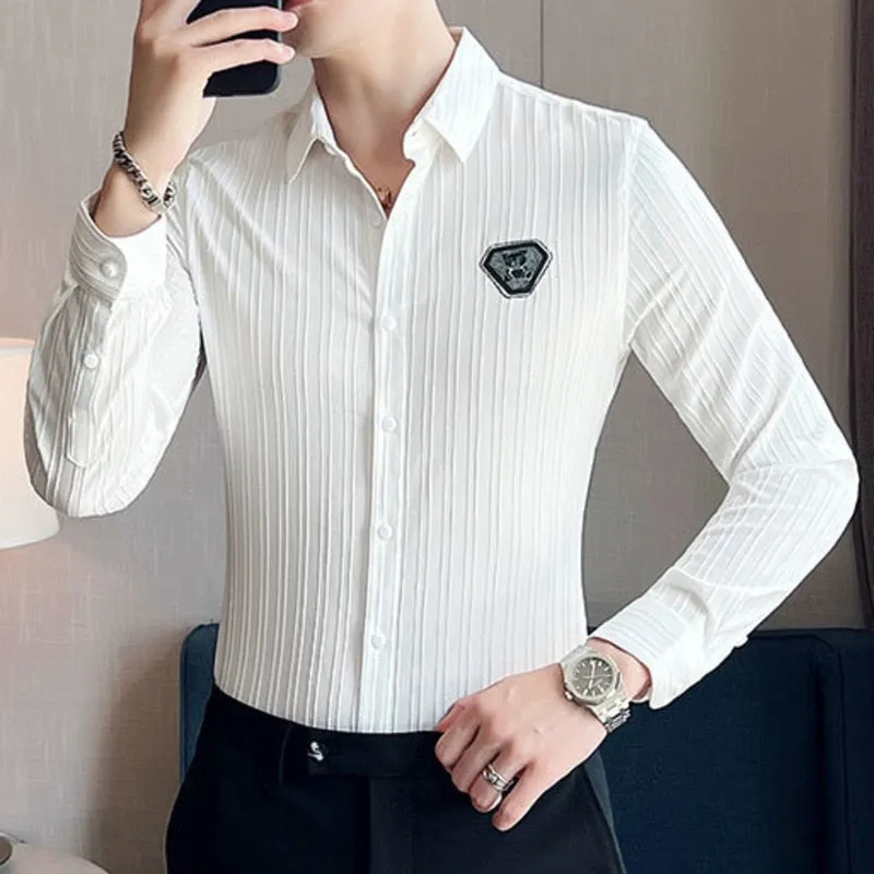 Men's Polyester Leisure Cuba Collar Slim Fit Solid Bear Pattern Shirt