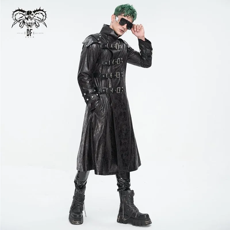 Men's Punk Stand Collar Multi-buckle Faux Leather Coat Black